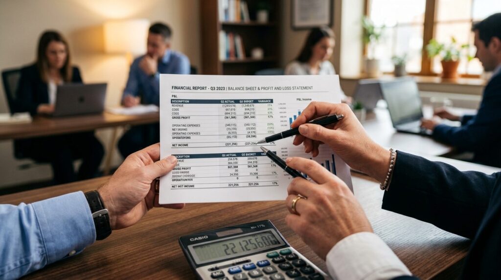 Close-up of hands holding a printed financial report and bal