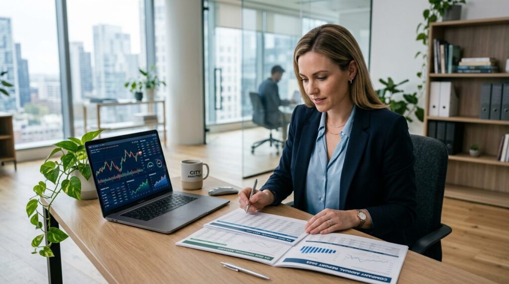 Business professional in business casual clothing sitting at