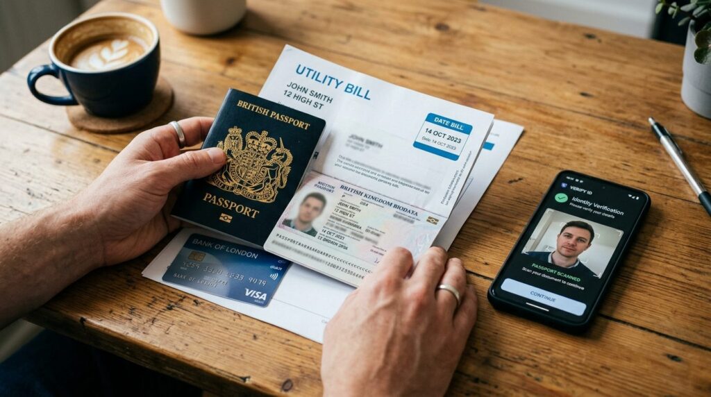Close-up realistic photograph of hands holding passport and 