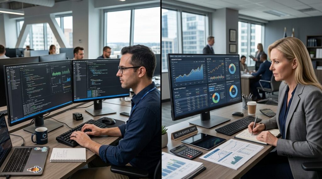 Photorealistic stock image, 16:9 format: Split-screen compos
