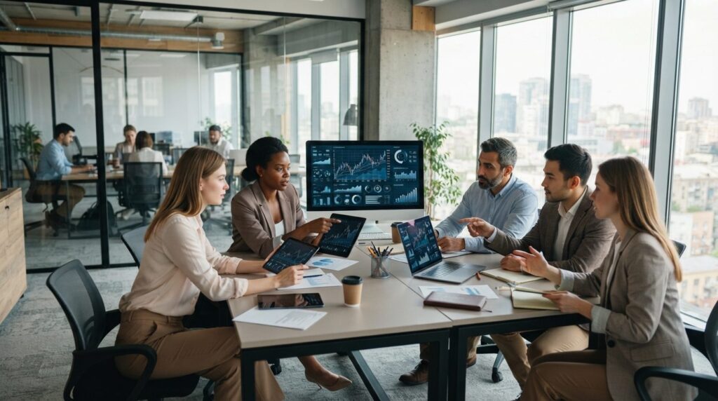 Wide shot of a diverse group of investors in a modern financ