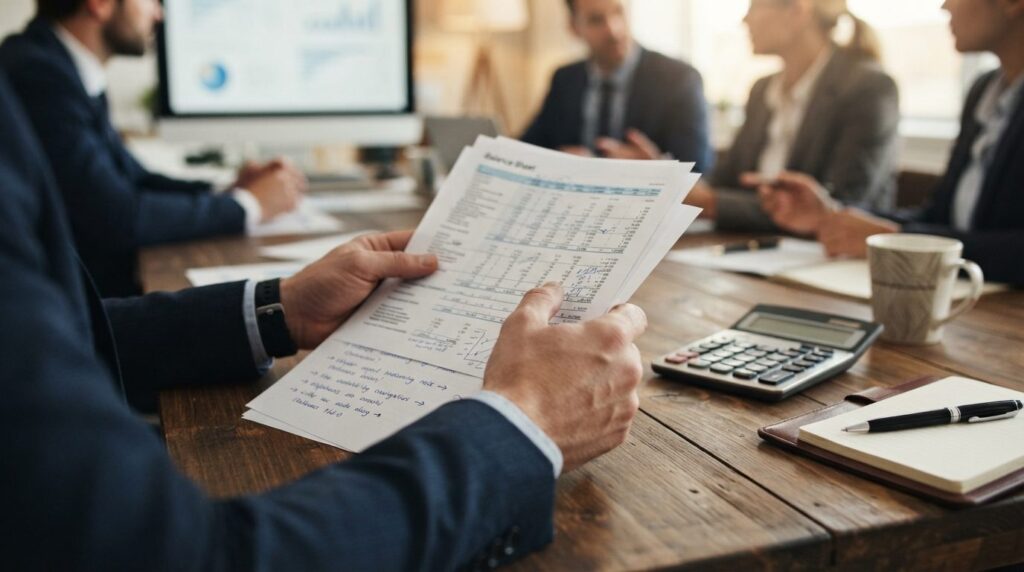 Close-up of business professionals hands holding financial 